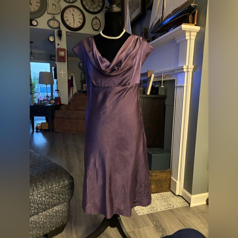 🧨⚡️💵🎲 Purple Sateen Cowl Neck Sleeveless Side Zipper Knee Length Limited Edition